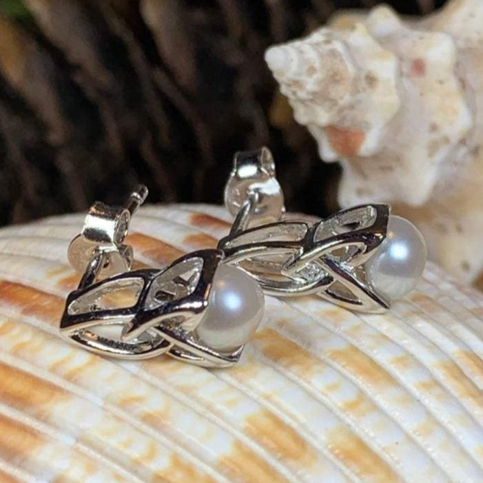 Trinity Knot Pearl Post Earring - Handmade in Ireland
