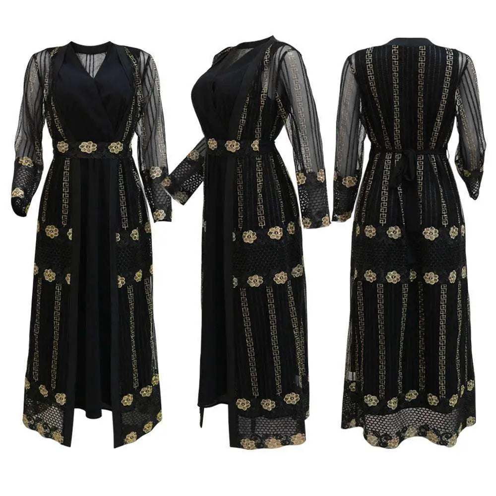 Teal Gold Embroidered Vest Dress Kraft Abaya