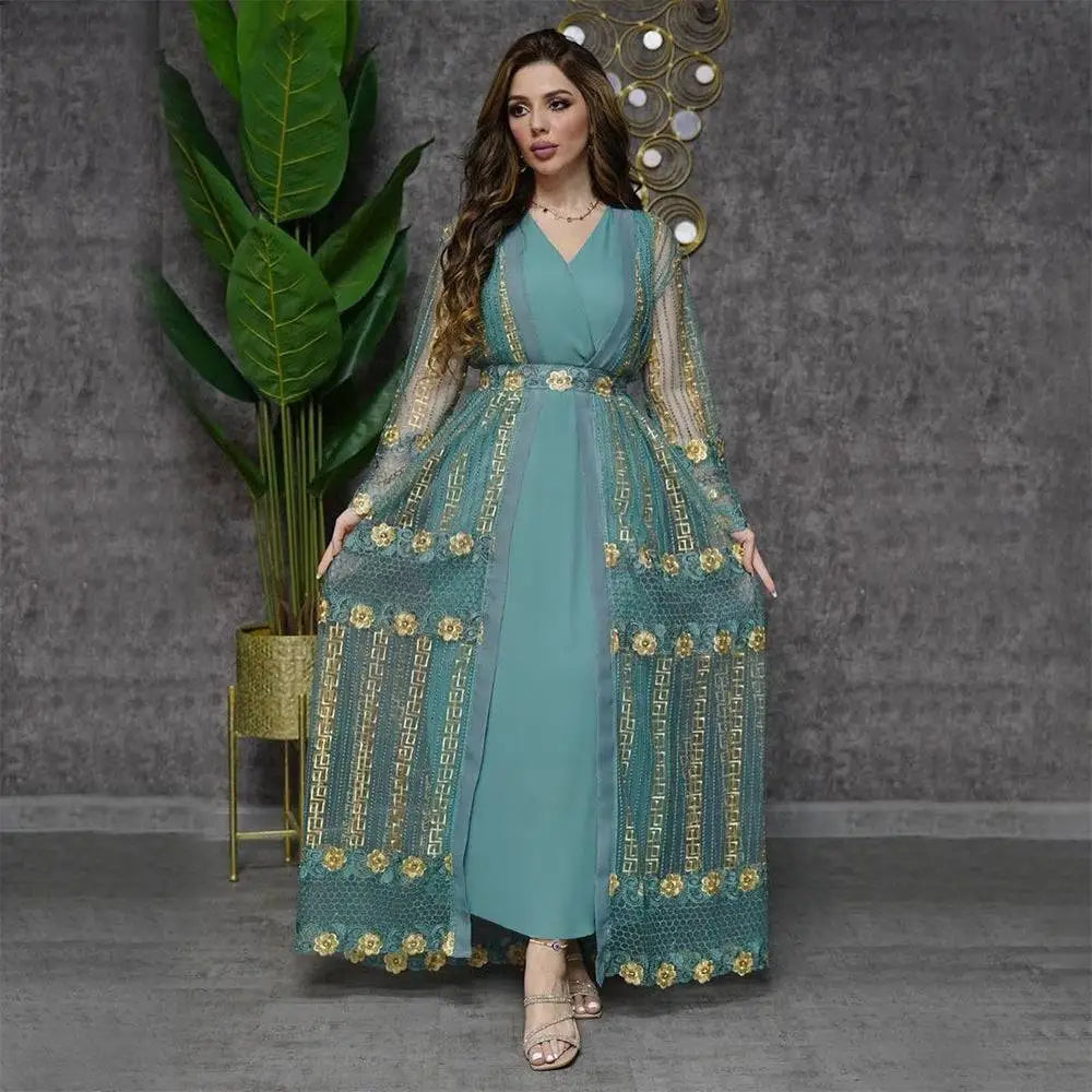 Teal Gold Embroidered Vest Dress Kraft Abaya