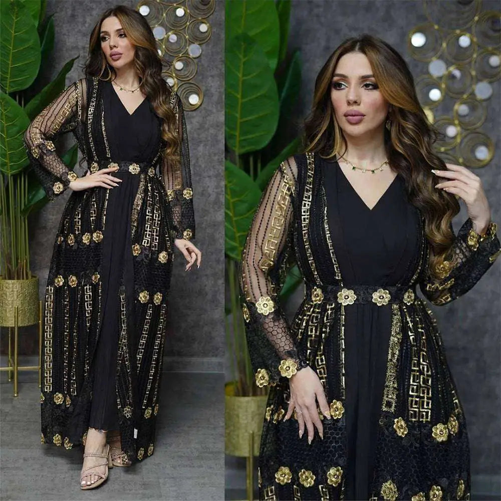 Teal Gold Embroidered Vest Dress Kraft Abaya
