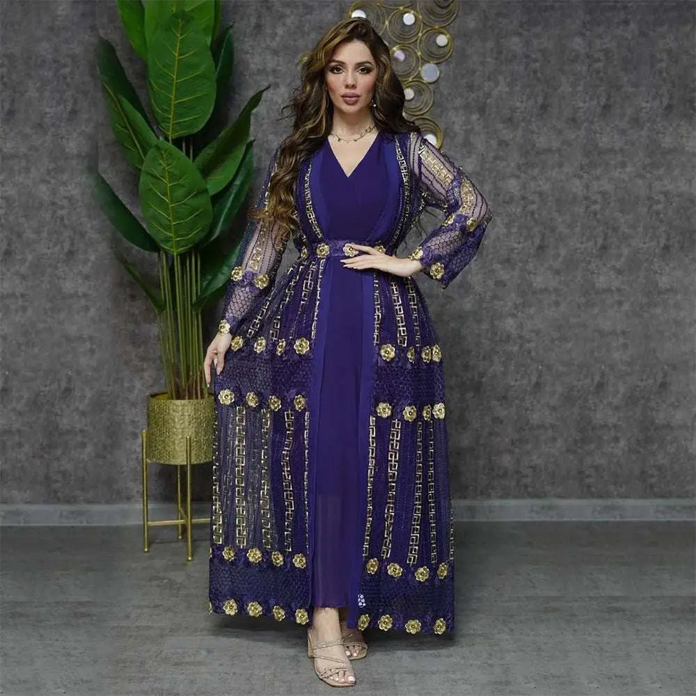 Teal Gold Embroidered Vest Dress Kraft Abaya
