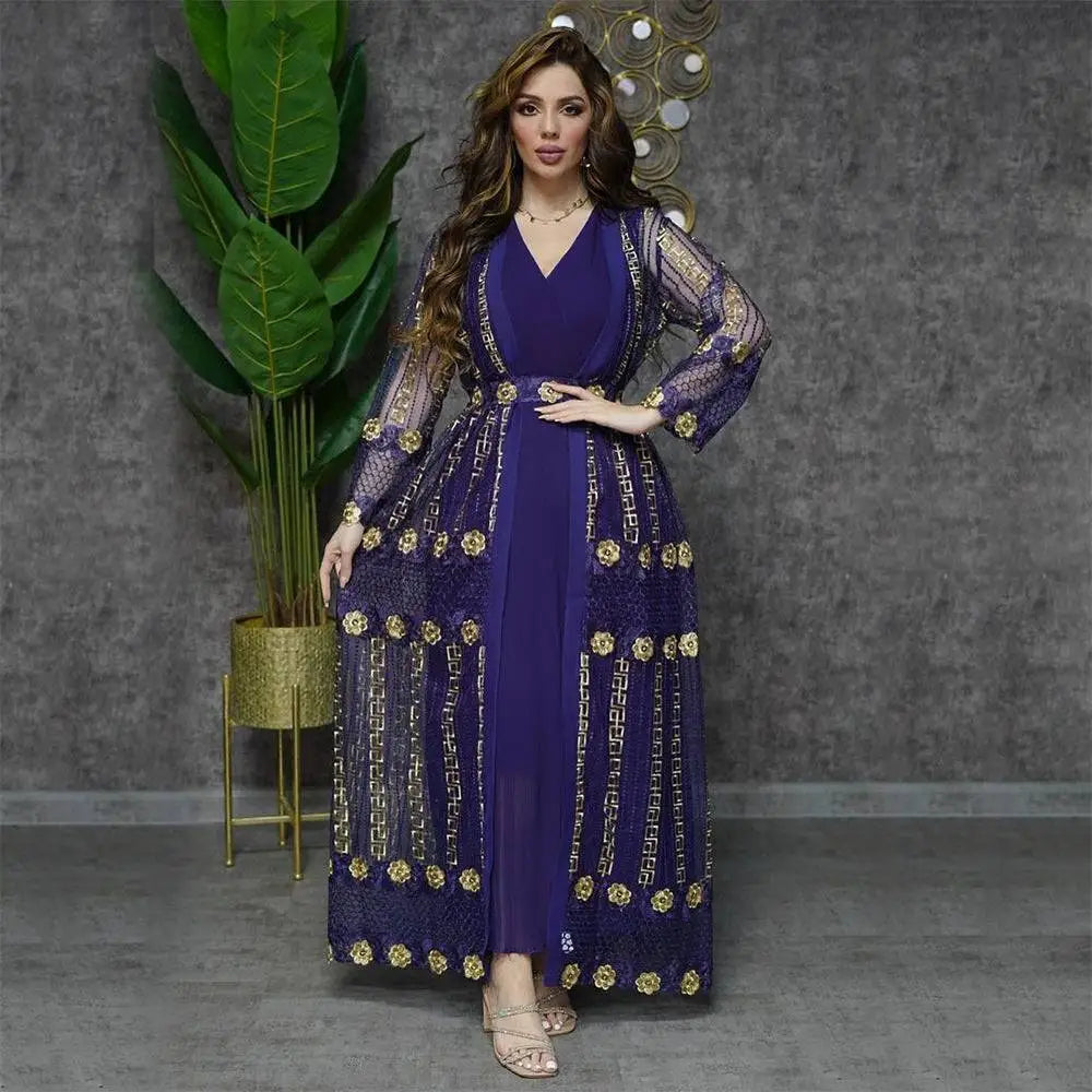 Teal Gold Embroidered Vest Dress Kraft Abaya