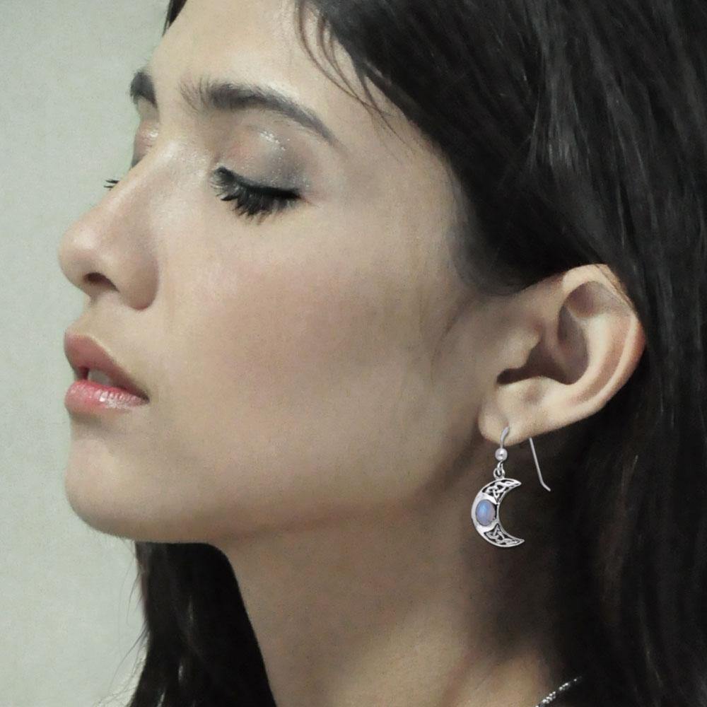 Celtic Knotwork Crescent Moon Sterling Silver Hook Earrings with Gemstone TER147