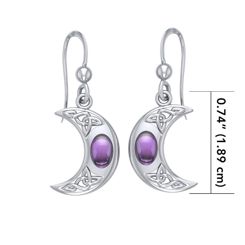 Celtic Knotwork Crescent Moon Sterling Silver Hook Earrings with Gemstone TER147