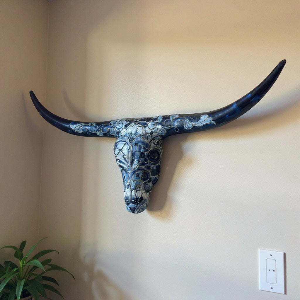 Talavera Longhorn Skull | Blue & White Mexican Wall Art | Talavera Wall Art | Wiccan Center