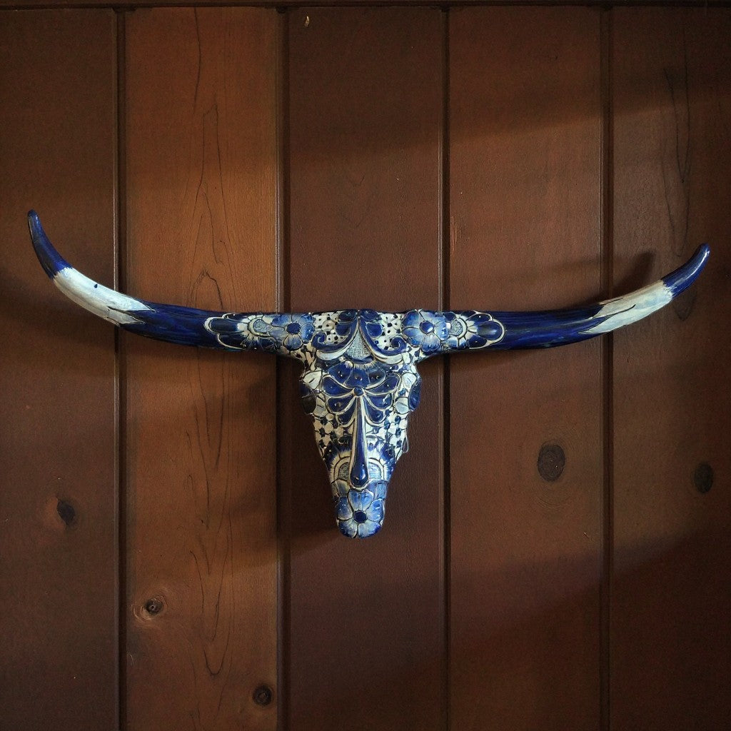 Talavera Longhorn Skull | Blue & White Mexican Wall Art | Talavera Wall Art | Wiccan Center