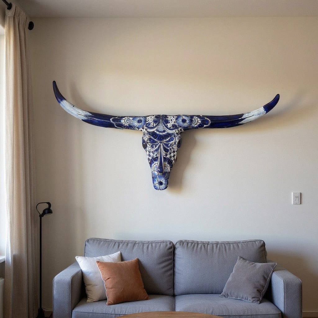 Talavera Longhorn Skull | Blue & White Mexican Wall Art | Talavera Wall Art | Wiccan Center