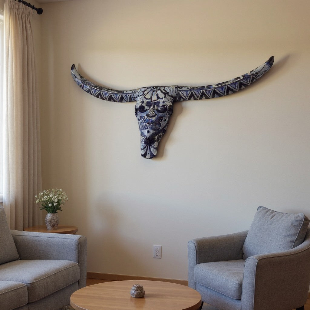 Talavera Longhorn Skull | Blue & White Mexican Wall Art | Talavera Wall Art | Wiccan Center