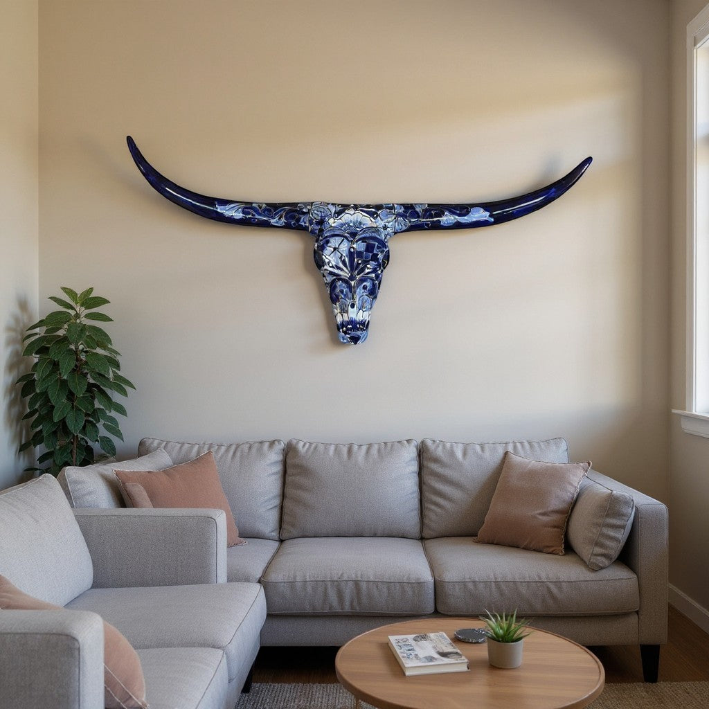 Talavera Longhorn Skull | Blue & White Mexican Wall Art | Talavera Wall Art | Wiccan Center