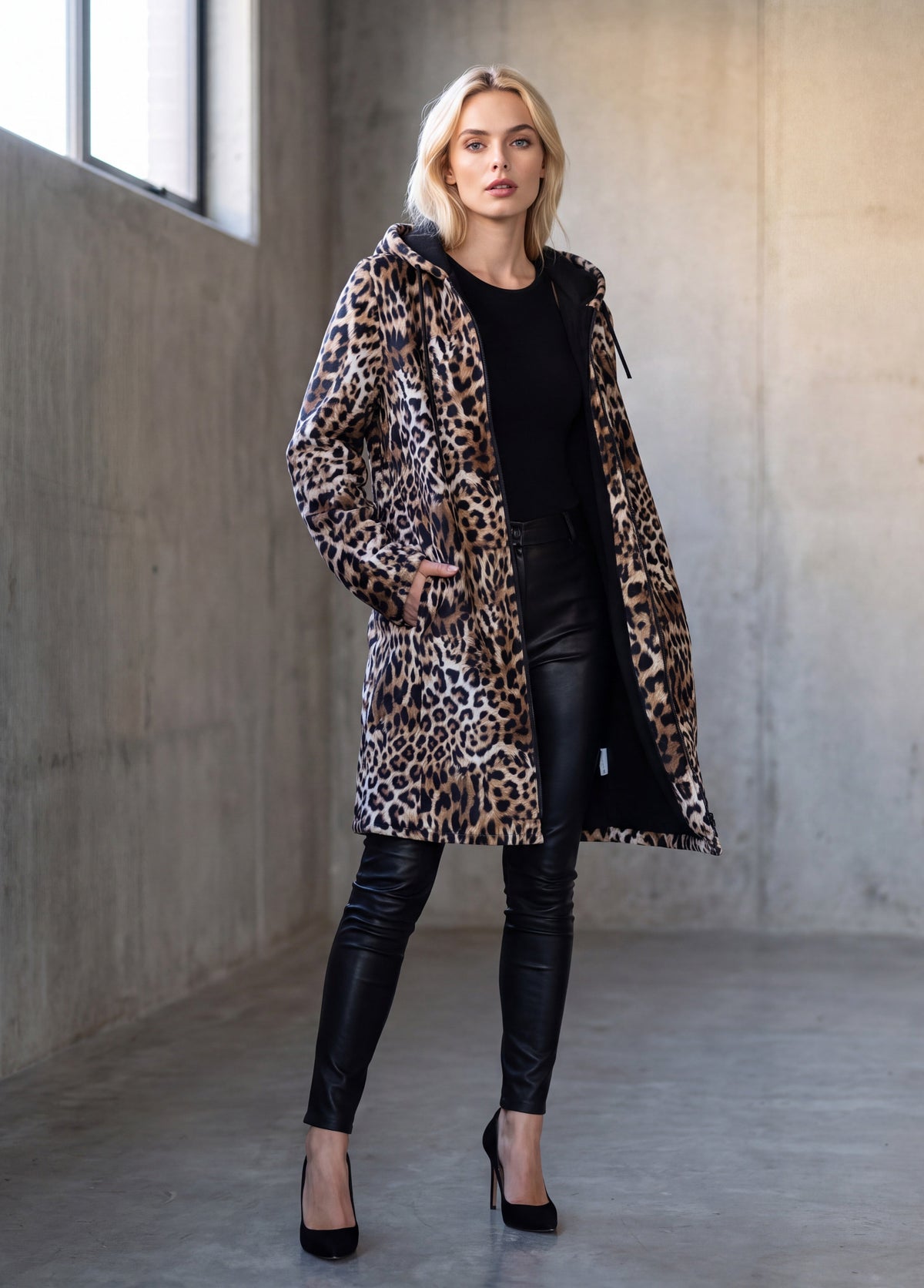 Leopard Print Cuddle Coat | Unisex Minky Sherpa Lined Coat with Hood, Zipper and Pockets | Women and Mens Festival Coat | Mountain Fashion