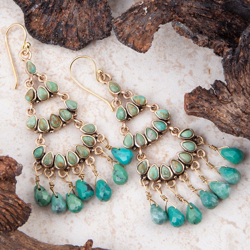 Triple the Blue Turquoise Golden Chandelier Earrings | Earrings | Wiccan Center