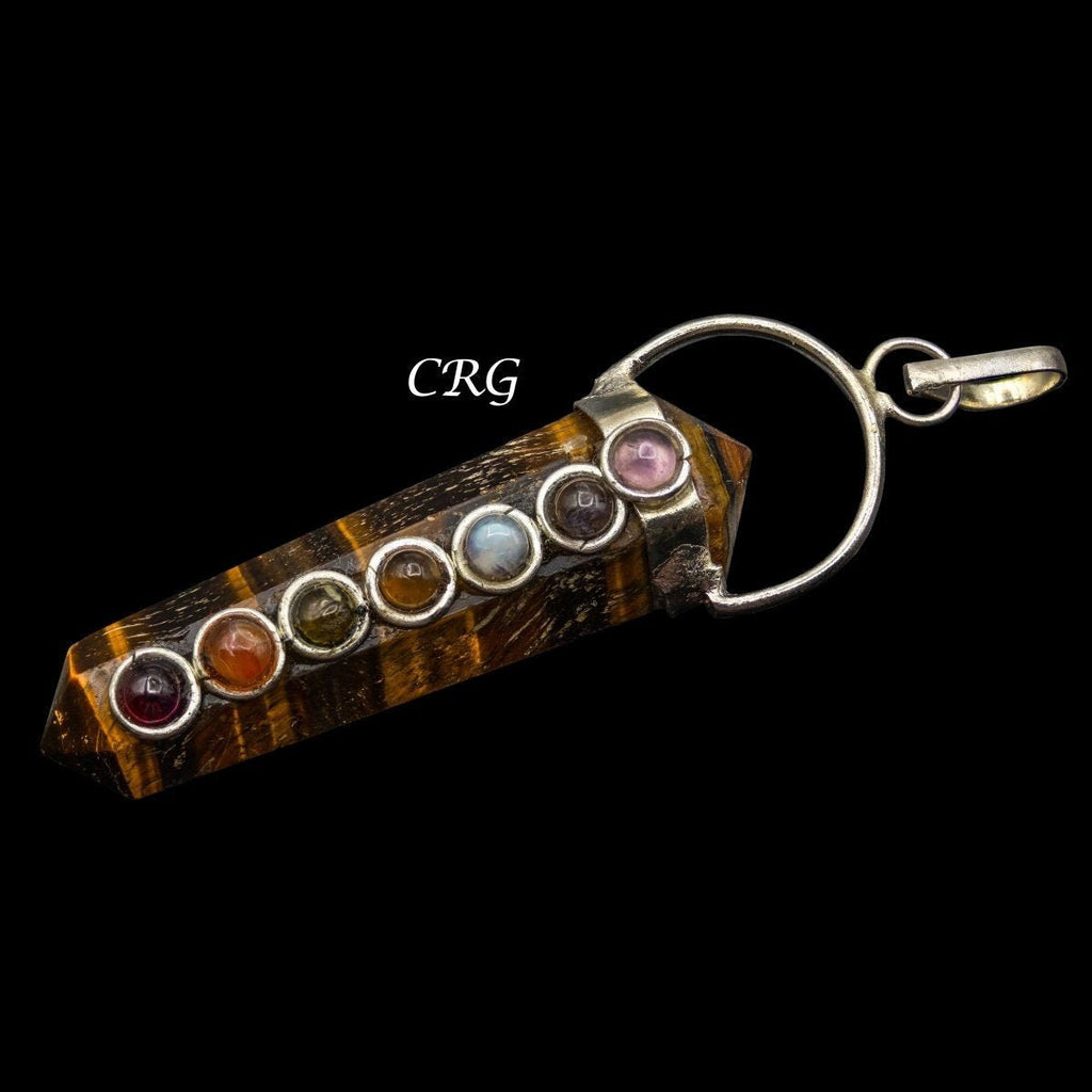Tiger's Eye Double Terminated Point Silver Plated Pendant with 7 Stone Overlay (1.5 Inches)