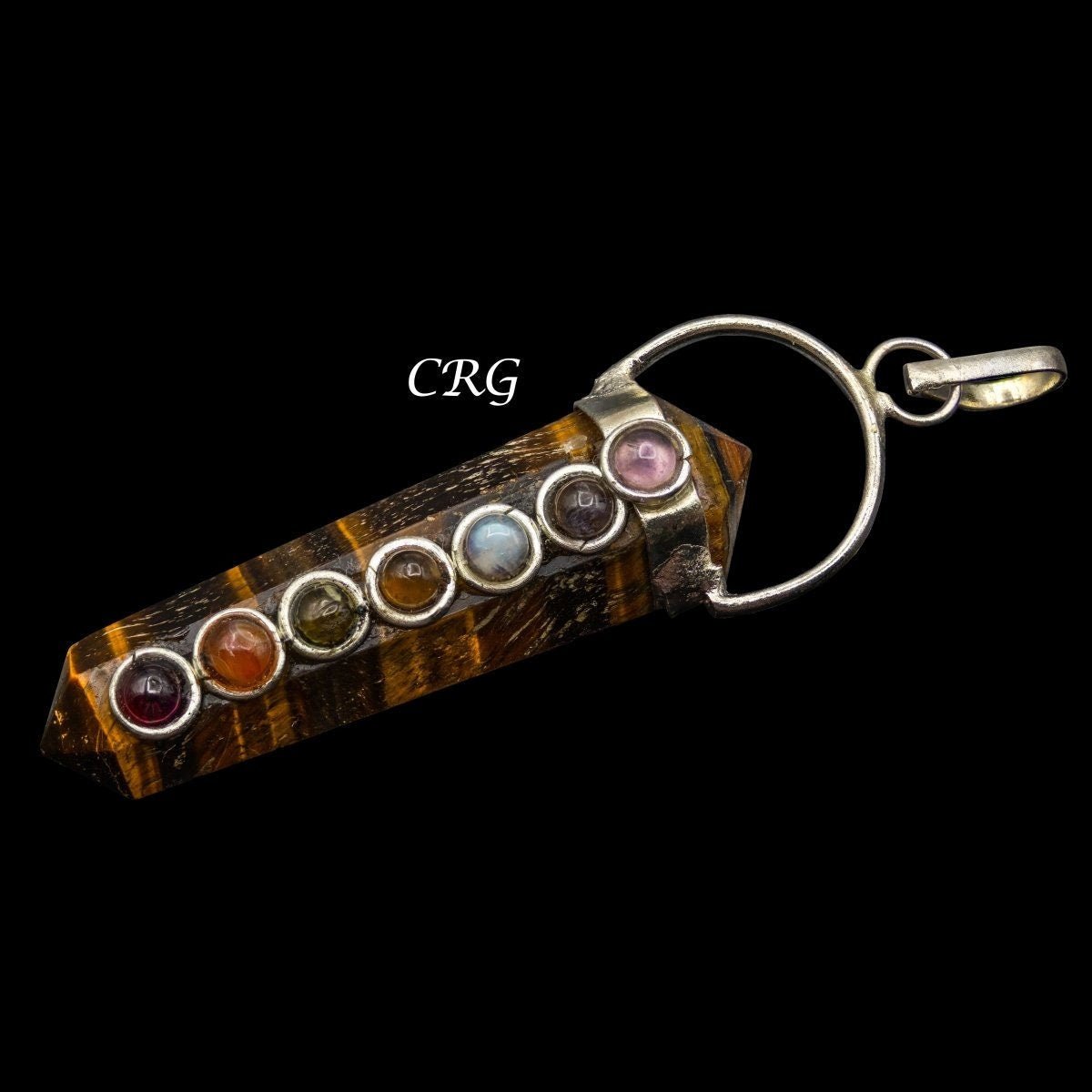 Tiger's Eye Double Terminated Point Silver Plated Pendant with 7 Stone Overlay (1.5 Inches)