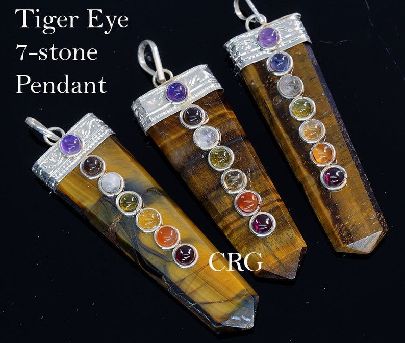 Tiger's Eye Flat Point Silver Plated Pendant with 7 Stone Overlay (2.5 Inches) (1 Piece)