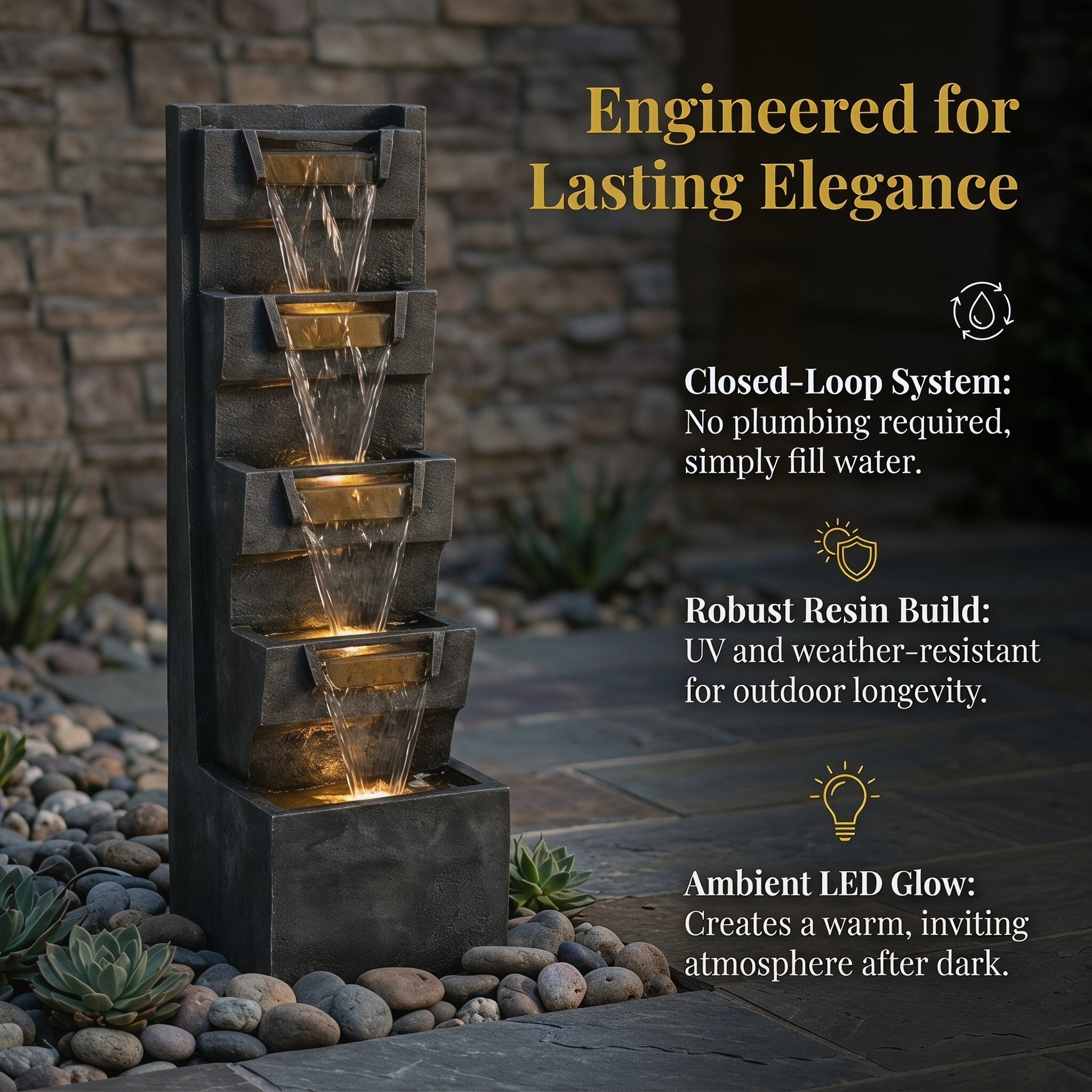 Resin Modern Outdoor Fountain 39 Inch Tilted Chutes