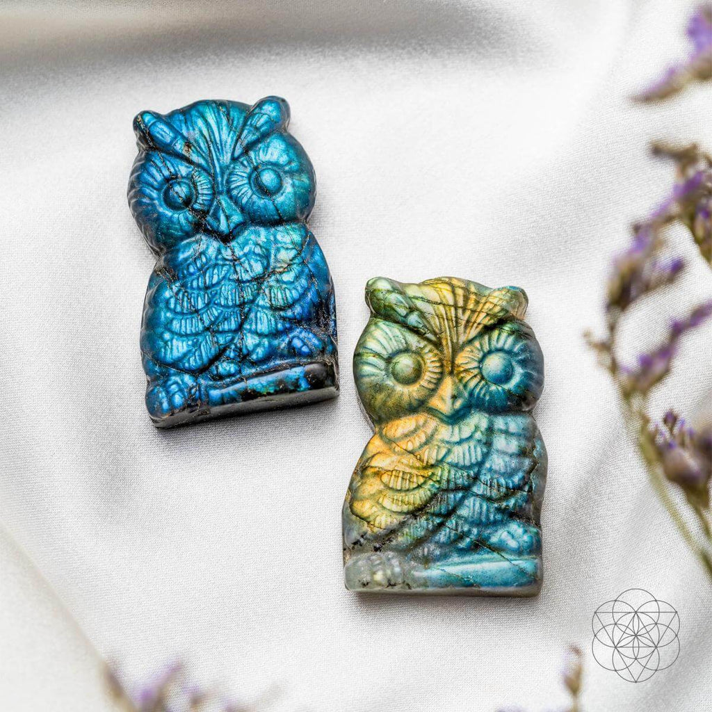 Token of Wisdom - Labradorite Owl Talisman | Crystal Heart | Wiccan Center