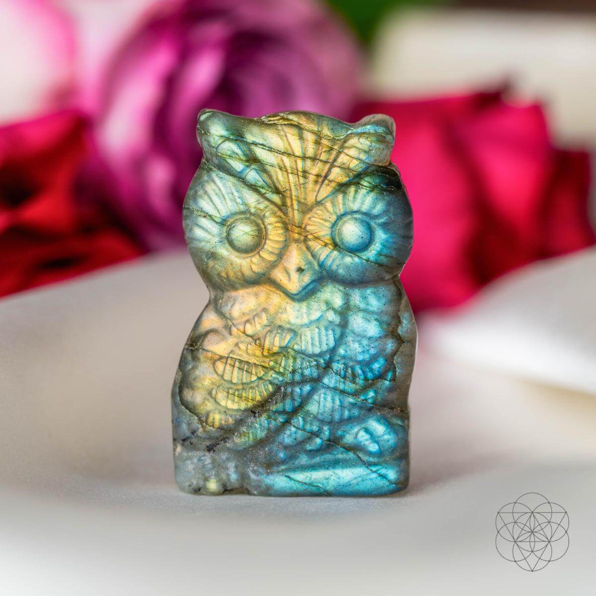 Token of Wisdom - Labradorite Owl Talisman | Crystal Heart | Wiccan Center