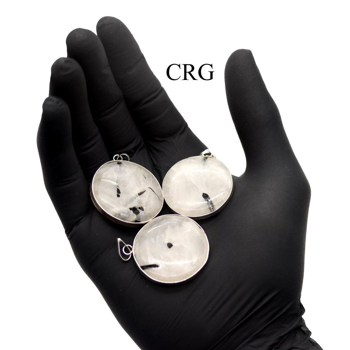 Tourmalated Quartz Round Cabochon Pendant with Silver Plating (4 Pieces) Size 1 Inch