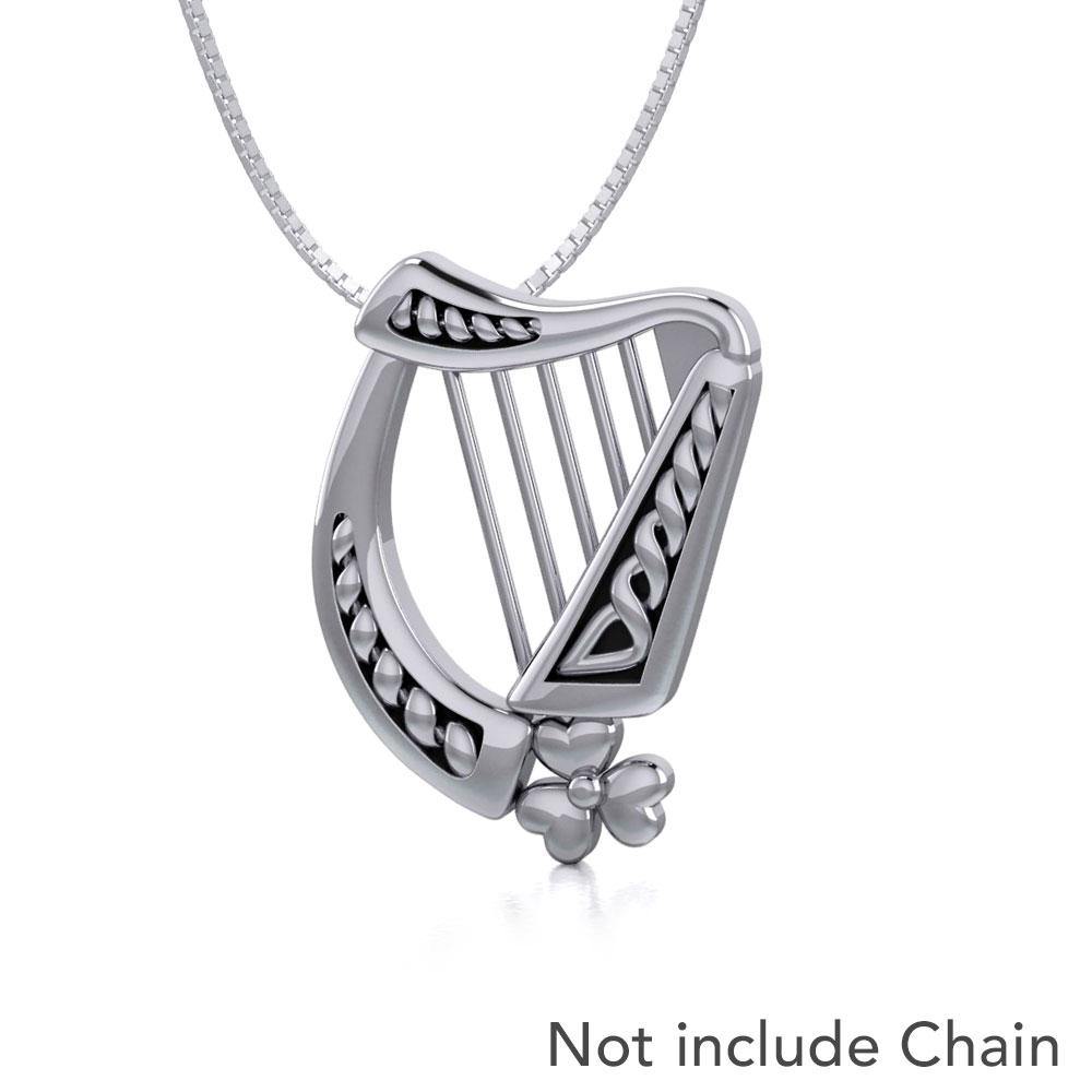 Hear the music of the Celtic Harp adorned with a Shamrock ~ Sterling Silver Pendant TP1125