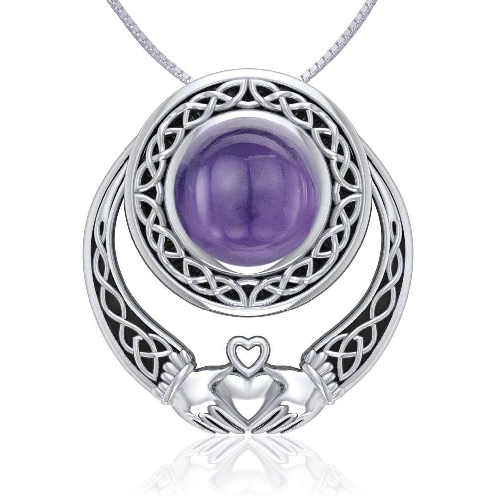 Celtic Knotwork Claddagh Sterling Silver Pendant with Gem TPD220