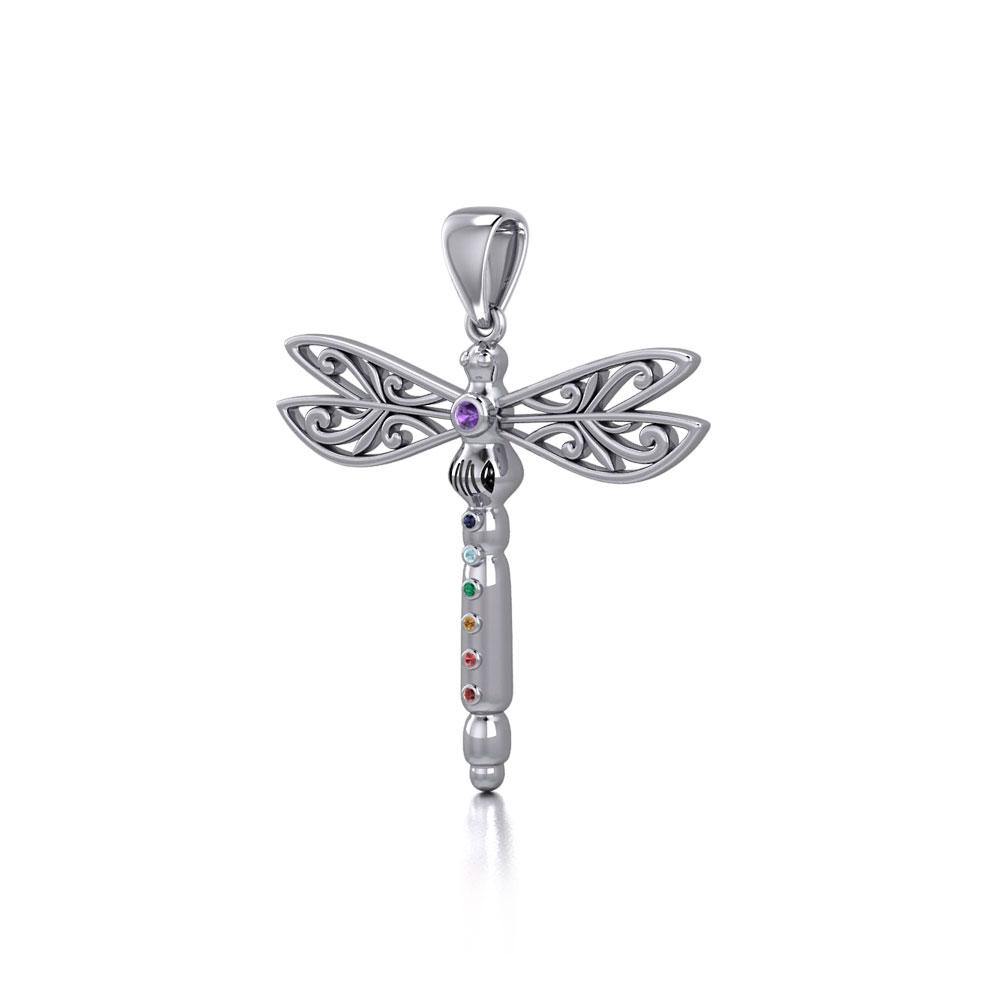 Spiritual Dragonfly Sterling Silver Pendant with Chakra Gems TPD5055