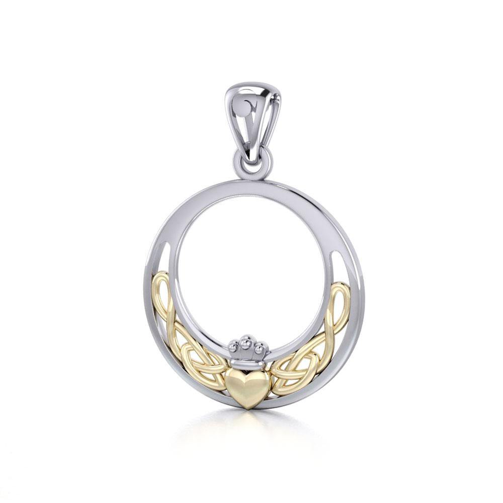 Celtic Knotwork Irish Claddagh Sterling Silver and 14K Gold Accent Pendant TPV1442