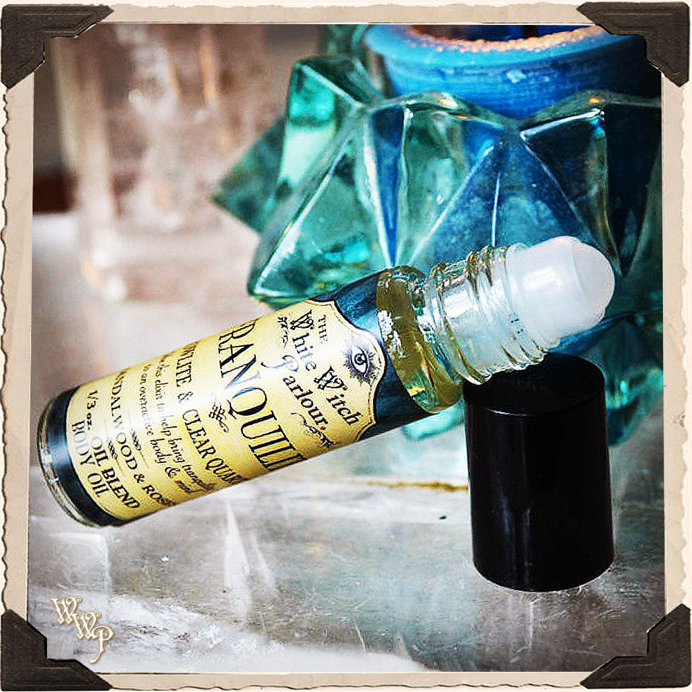 TRANQUILITY Elixir 1/3oz. BODY OIL Rollon. Scent of Sandalwood and Roses. Blessed by Howlite and Clear Quartz Crystals. | aromatherapy, perfume, oils | Wiccan Center