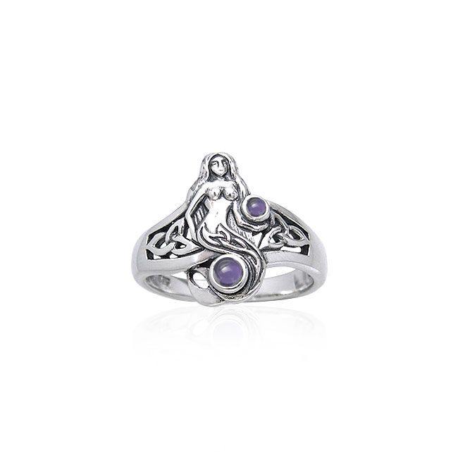 Celtic Mermaid Sterling Silver Ring with Gemstones TRI045