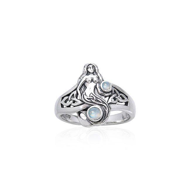 Celtic Mermaid Sterling Silver Ring with Gemstones TRI045