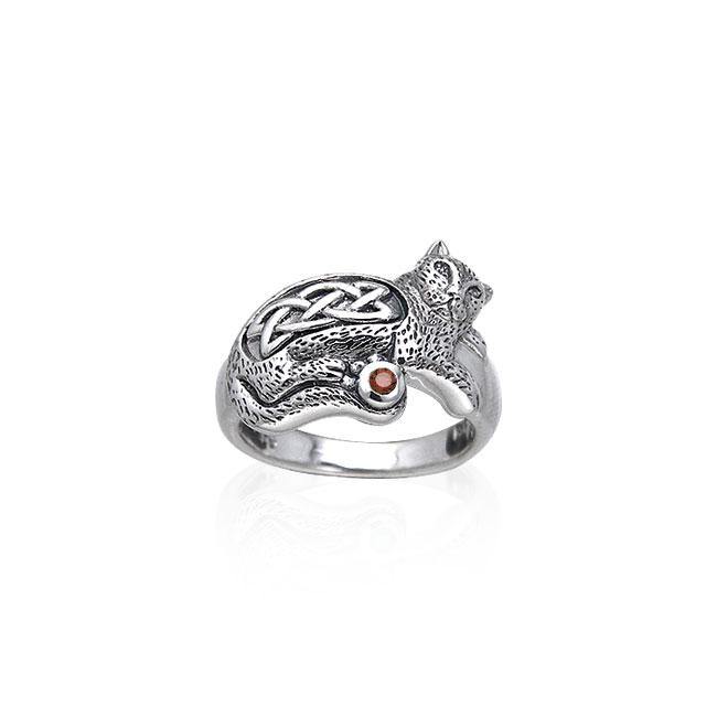 Drawn to the interesting Celtic Cat ~ Sterling Silver Jewelry Ring with Gemstone TRI141 | Ring | Wiccan Center