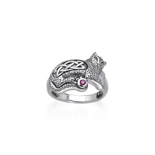 Drawn to the interesting Celtic Cat ~ Sterling Silver Jewelry Ring with Gemstone TRI141 | Ring | Wiccan Center