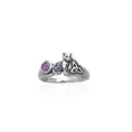 Our revered companion ~ Celtic Cat Sterling Silver Ring with Gemstone TRI142