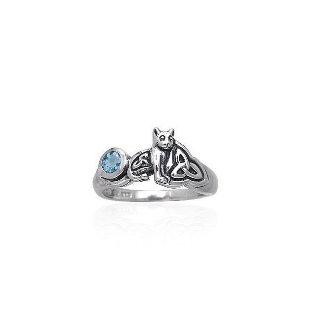 Our revered companion ~ Celtic Cat Sterling Silver Ring with Gemstone TRI142