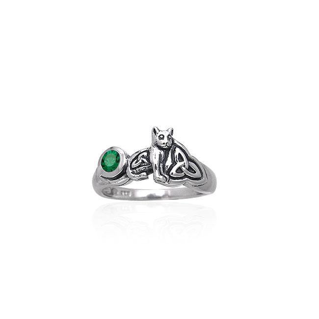 Our revered companion ~ Celtic Cat Sterling Silver Ring with Gemstone TRI142