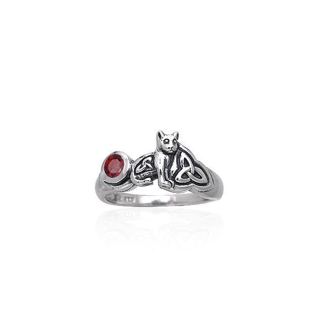 Our revered companion ~ Celtic Cat Sterling Silver Ring with Gemstone TRI142