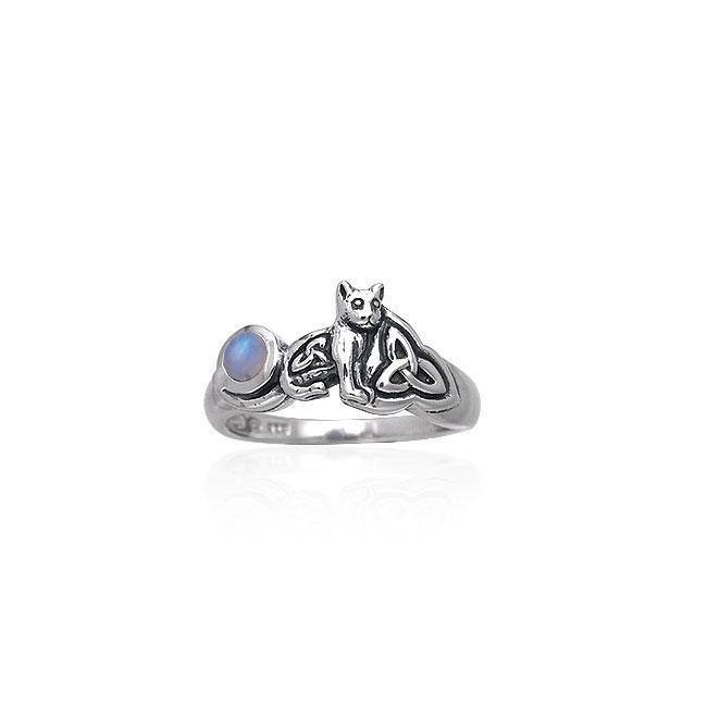 Our revered companion ~ Celtic Cat Sterling Silver Ring with Gemstone TRI142