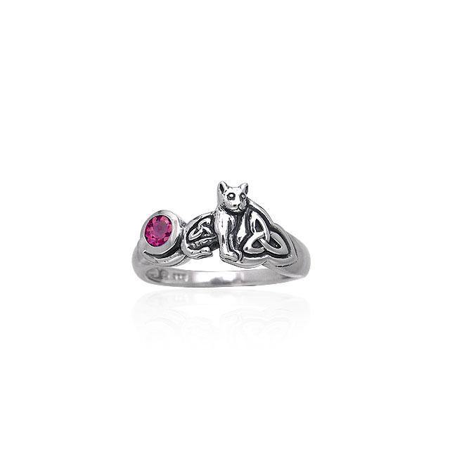 Our revered companion ~ Celtic Cat Sterling Silver Ring with Gemstone TRI142