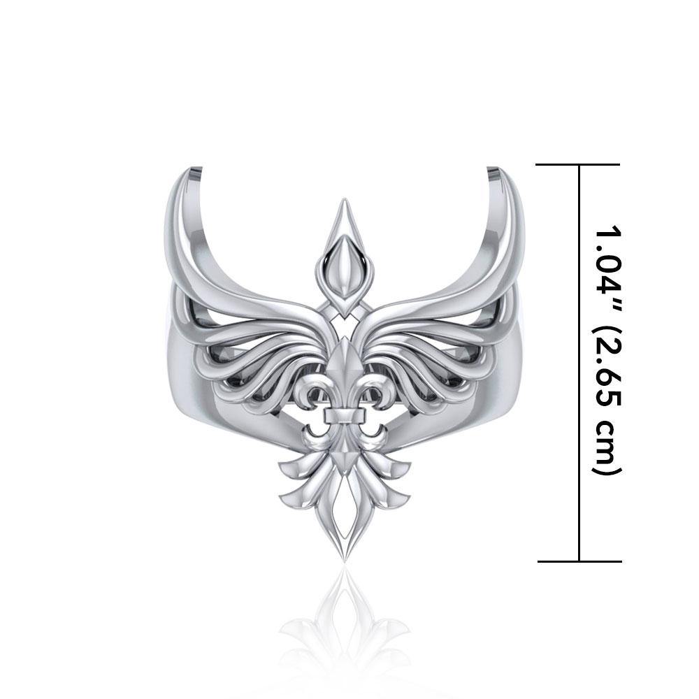 Phoenix with Fleur De Lis Sterling Silver Ring TRI1742