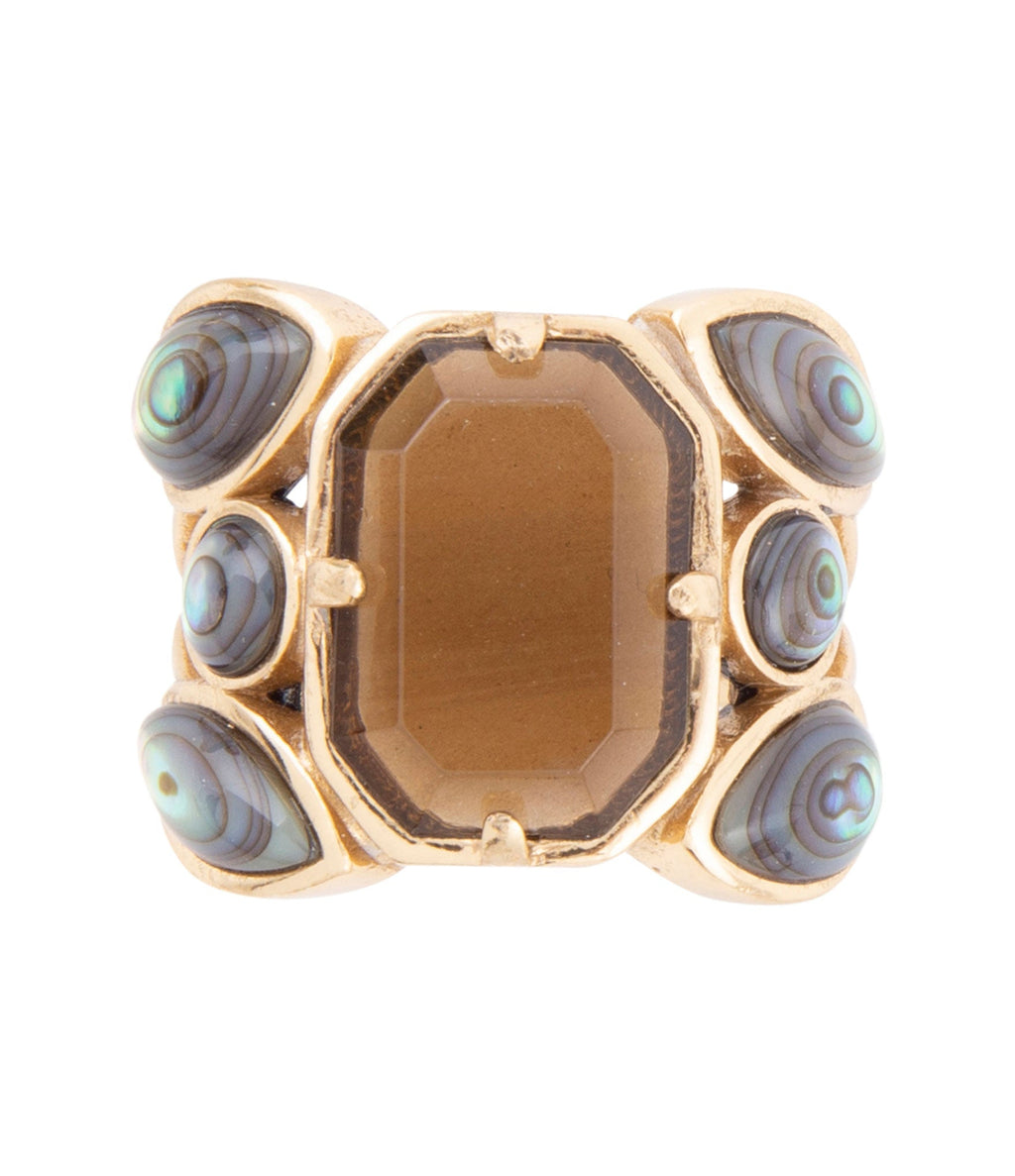 Tribecca Smoky Brown Quartz and Abalone Statement Golden Ring | Rings | Wiccan Center
