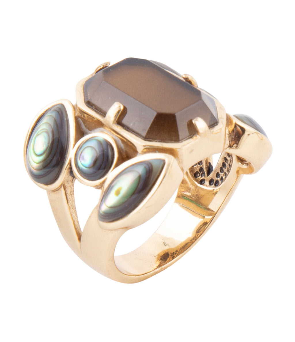 Tribecca Smoky Brown Quartz and Abalone Statement Golden Ring | Rings | Wiccan Center