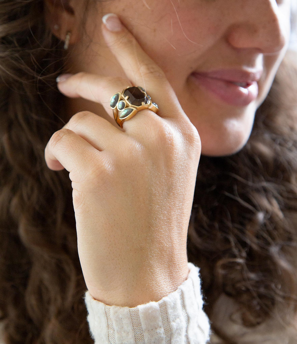 Tribecca Smoky Brown Quartz and Abalone Statement Golden Ring | Rings | Wiccan Center