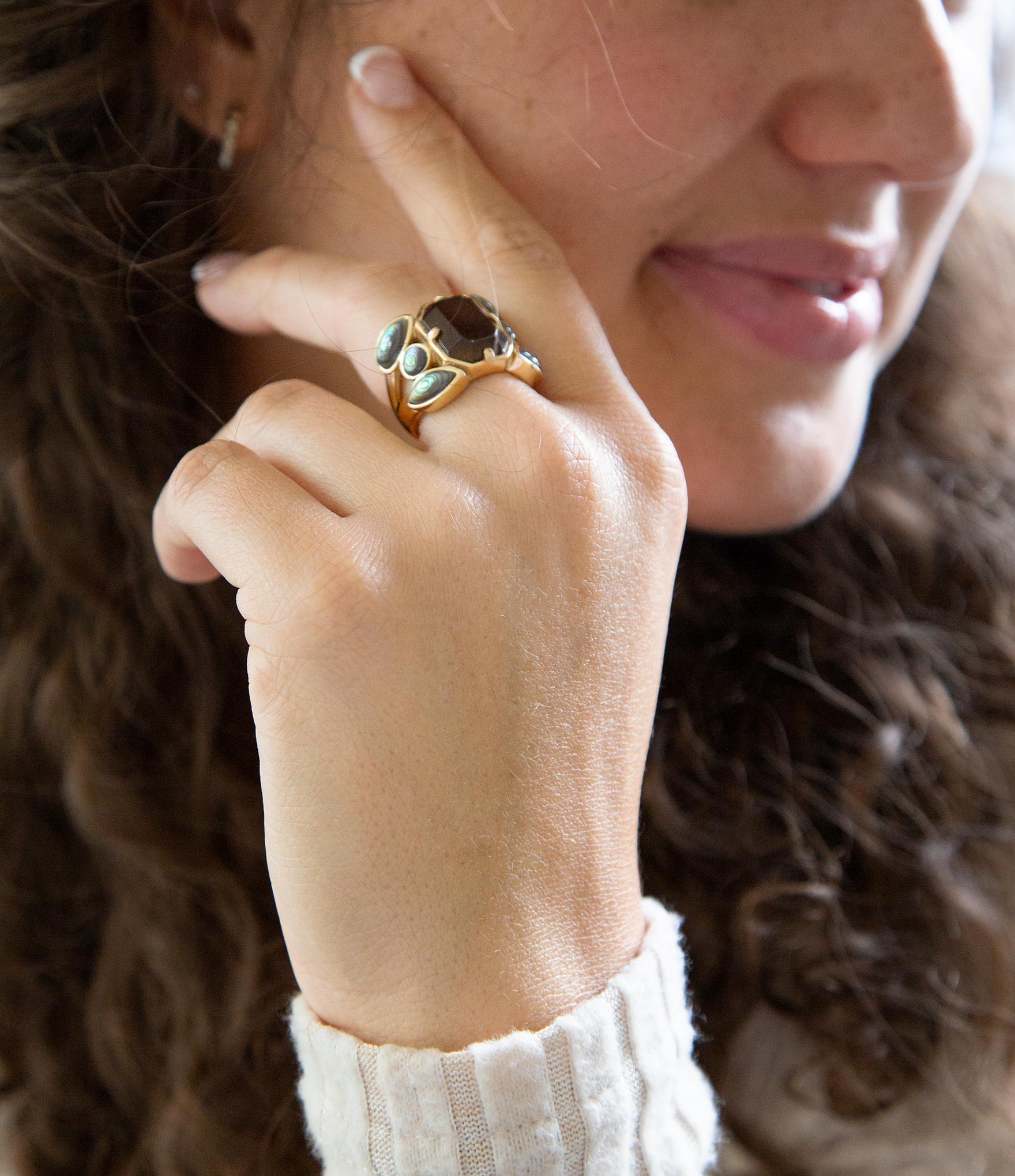Tribecca Smoky Brown Quartz and Abalone Statement Golden Ring | Rings | Wiccan Center