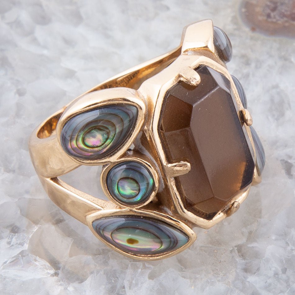 Tribecca Smoky Brown Quartz and Abalone Statement Golden Ring | Rings | Wiccan Center