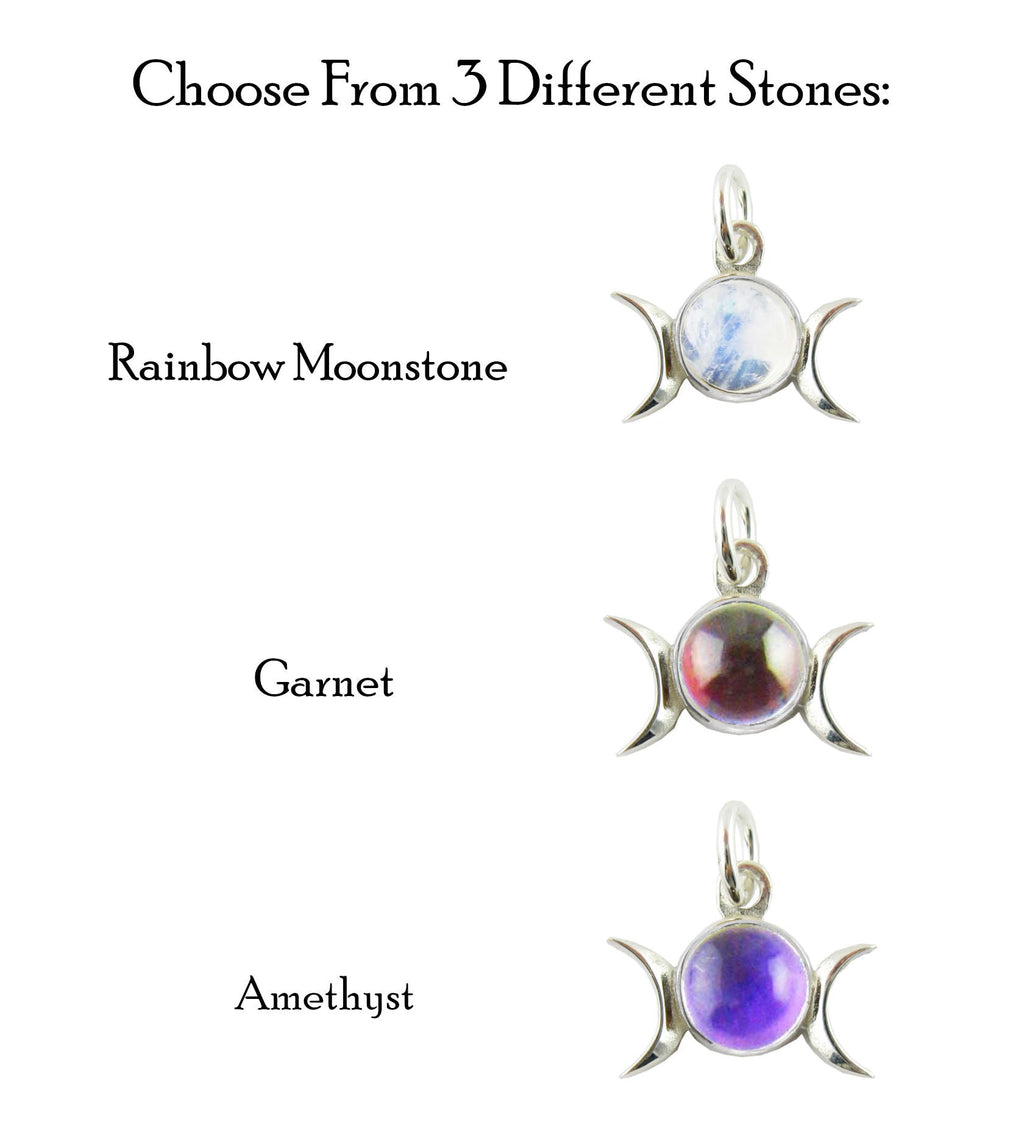 Triple Moon Charm Pendant w/ Gemstone, Handmade - 925 Sterling Silver | Handmade > Silver w/ gemstone | Wiccan Center