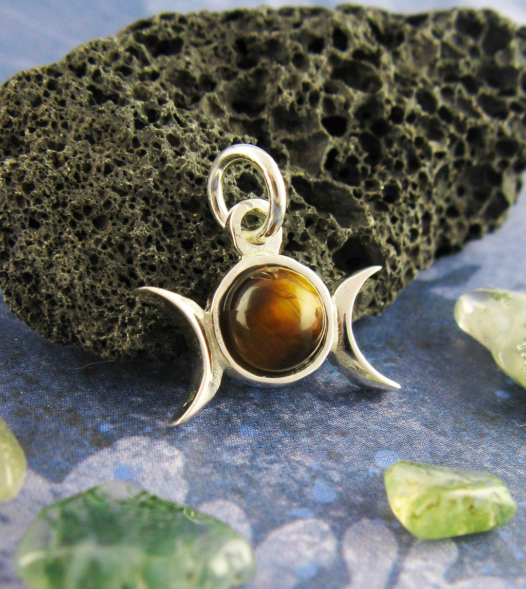 Triple Moon Charm Pendant w/ Gemstone, Handmade - 925 Sterling Silver | Handmade > Silver w/ gemstone | Wiccan Center