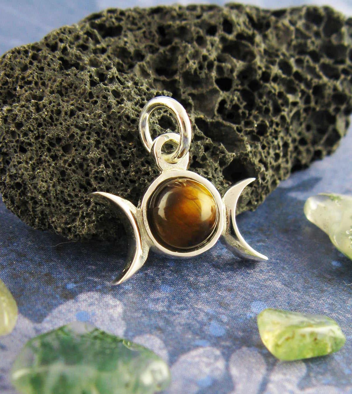 Triple Moon Charm Pendant w/ Gemstone, Handmade - 925 Sterling Silver | Handmade > Silver w/ gemstone | Wiccan Center