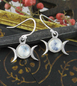 Little Triple Moon Moonstone Drop Earrings, Handmade | Handmade > Silver w/ gemstone | Wiccan Center