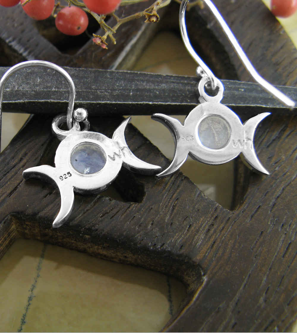 Little Triple Moon Moonstone Drop Earrings, Handmade | Handmade > Silver w/ gemstone | Wiccan Center