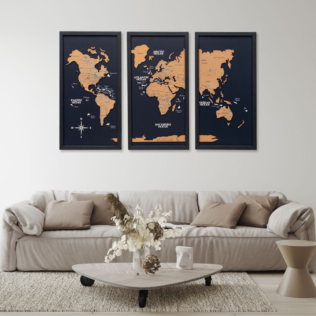 Cork world map triptych - Black