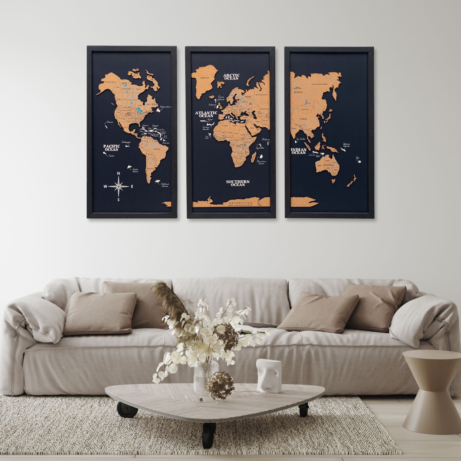 Cork world map triptych - Black